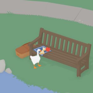 A cartoon image (Screenshot of the cosy game 'untitled goose game') of a goose trying to steal something from a bench that is sat on greenery in front of a little pond.