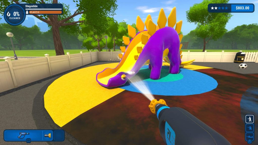 A screenshot from the game 'power wash simulator'. The image is of the power washer washing a dinosaur playground slide.
